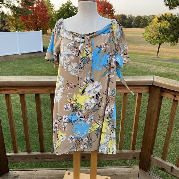 Nicole Miller Studio Floral Shift Dress Sz 12 Taupe Multi Off Shoulder Ties NWT - Picture 8 of 12